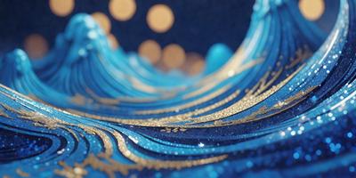 The primary subject of the image is a blue and gold patterned fabric. The setting is a dark blue background, which contrasts with the gold and blue colors of the fabric. The visual style appears to be a combination of digital art and illustration, creating a unique and eye-catching design. The colors and mood of the image are predominantly blue and gold, giving it a warm and inviting atmosphere.