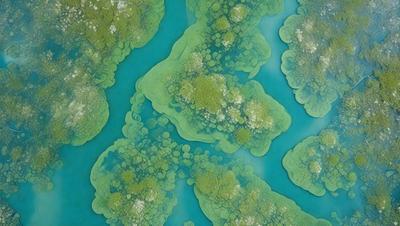 The primary subject of the image is a close-up of a blue and green water surface, possibly a pool or a body of water. The setting appears to be a swimming pool, as the water is blue and green. The visual style of the image is a combination of a photo and a digital art, illustration, or drawing. The colors and mood of the image are vibrant and lively, with the blue and green water creating a serene and inviting atmosphere.
