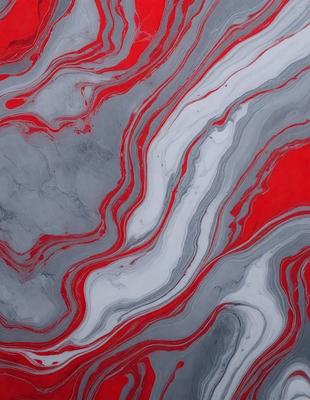 The primary subject of the image is a red and white striped pattern, which appears to be a painting or a digital artwork. The setting is a gray and red background, which adds to the visual style of the piece. The colors and mood of the image are predominantly red and white, creating a bold and striking appearance.