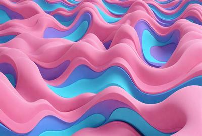 The primary subject of the image is a large, colorful, and abstract wave pattern. The setting is a pink and blue background, which adds to the vibrant and lively atmosphere of the scene. The visual style is a combination of digital art and illustration, creating a unique and eye-catching design. The dominant colors are pink and blue, which evoke a sense of energy and creativity.
