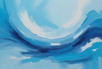 The primary subject of the image is a large, blue, swirling wave. The setting is a blue sky, and the visual style appears to be a painting or a digital artwork. The dominant colors are blue and white, creating a serene and calming atmosphere.