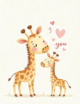 The primary subject of the image is a giraffe and a baby giraffe standing close to each other. The setting is a heart-shaped background, which adds a romantic touch to the scene. The visual style is a combination of digital art and illustration, creating a whimsical and adorable appearance. The colors are predominantly pink and orange, which evoke feelings of love and warmth.