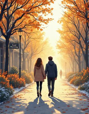 The primary subject of the image is a man and a woman walking down a tree-lined street. They are holding hands, and the woman is wearing a coat. The setting is a city street with trees and a lamp post. The visual style is a digital art illustration, and the colors and mood are warm and inviting.