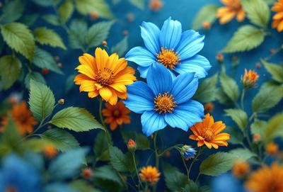 The primary subject of the image is a bouquet of flowers, featuring a mix of blue, orange, and yellow colors. The flowers are arranged in a visually appealing manner, creating a sense of harmony and beauty. The setting is a blue background, which adds a sense of depth and contrast to the image. The visual style is a combination of photo and digital art, resulting in a vibrant and lively scene. The colors and mood of the image are lively and cheerful, with the blue, orange, and