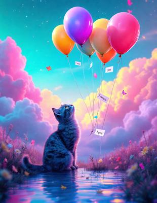 The primary subject of the image is a cat sitting in a field of flowers. The setting is a beautiful, colorful sky with clouds, and the visual style is a digital art or illustration. The dominant colors in the image are pink, purple, and blue, creating a warm and inviting atmosphere.