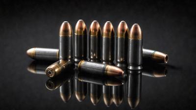 The primary subject of the image is a group of six bullets, which are the main objects in the scene. They are arranged in a row, with each bullet being slightly different in size and shape. The setting is a dark background, which contrasts with the bullets, making them stand out. The visual style of the image is a close-up of the bullets, showcasing their details. The colors and mood of the image are dark and moody, with the bullets being the main focus of the composition.