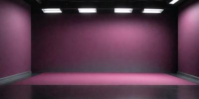 The primary subject of the image is a large, purple wall. The setting is a room with a purple floor, and the visual style appears to be a photo. The dominant colors in the image are purple and pink, creating a warm and inviting atmosphere.
