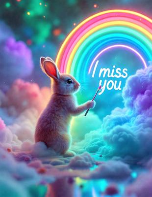The primary subject of the image is a cute bunny rabbit holding a paintbrush. The setting is a cloudy background, and the visual style appears to be a digital art or illustration. The colors are predominantly pastel shades, creating a soft and whimsical atmosphere.