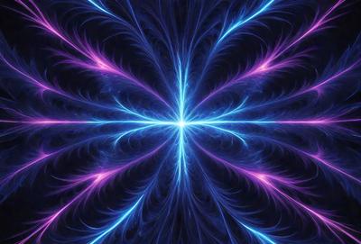 The primary subject of the image is a brightly colored, swirling pattern that resembles a star. The setting is a dark background, which contrasts with the vibrant colors of the pattern. The visual style is a combination of digital art and illustration, creating a dynamic and eye-catching design. The dominant colors are blue and purple, which contribute to a sense of depth and movement in the image. Overall, the colors and mood of the image are energetic and captivating.