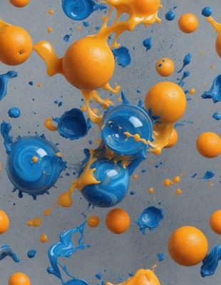 The primary subject of the image is a group of oranges, which are the main objects in the scene. The oranges are floating in a blue and orange liquid, creating a visually striking and vibrant atmosphere. The setting appears to be a painting or digital artwork, as the oranges are depicted in a creative and artistic manner. The colors and mood of the image are predominantly orange and blue, with a sense of energy and movement.
