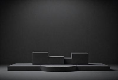 The primary subject of the image is a black and white photo of a square platform. The setting is a black background, which creates a stark contrast with the platform. The visual style is a black and white photo, giving the image a classic and timeless appearance. The colors and mood of the image are predominantly black and white, with a sense of simplicity and elegance.