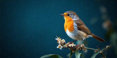 Primary subject: A small red bird perched on a branch.

Setting/background: The bird is perched on a branch with white flowers.

Visual style: The image is a photo of the bird on the branch.

Colors and mood: The bird is predominantly red, and the white flowers create a contrasting and calming atmosphere.