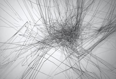The primary subject of the image is a close-up of a white wall with a pattern of black lines. The setting is a white wall, and the visual style appears to be a digital art or illustration. The dominant colors are black and white, creating a stark and minimalist atmosphere.