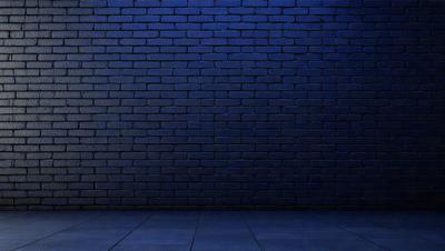 The primary subject of the image is a brick wall. The setting is a dark room with a blue brick wall. The visual style is a digital art or illustration, creating a moody atmosphere. The dominant colors are blue and black, with the blue brick wall being the main focus of the image.