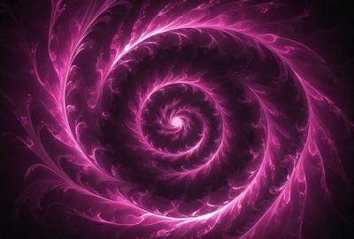 The primary subject of the image is a large, swirling, pink spiral. The spiral is the main object, scene, or focus of the image. The setting or background of the image is a dark, purple-pink background, which contrasts with the bright pink spiral. The visual style of the image is a combination of digital art and illustration, creating a unique and eye-catching design. The colors and mood of the image are predominantly pink and purple, giving it