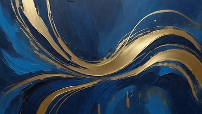 The primary subject of the image is a painting featuring a blue background with gold and blue swirls. The setting is a canvas, and the visual style is a painting. The dominant colors are blue and gold, creating a serene and calming atmosphere.