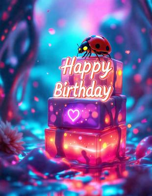 The primary subject of the image is a birthday cake with a ladybug on top. The cake is placed on a pink surface, which adds a vibrant and festive touch to the scene. The visual style of the image is digital art, as it appears to be a well-designed and colorful illustration. The colors and mood of the image are predominantly pink and cheerful, creating a warm and celebratory atmosphere.