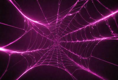 The primary subject of the image is a large, intricate web of pink spider silk. The web is woven together, creating a complex and visually striking pattern. The setting is a dark background, which contrasts with the vibrant pink color of the spider silk. The visual style of the image is a close-up of the web, showcasing its intricate details. The colors and mood of the image are predominantly pink, giving it a warm and inviting atmosphere.