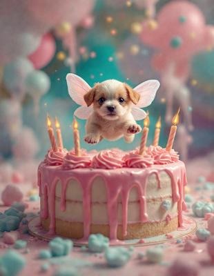 The primary subject of the image is a small dog, which is the main focus of the scene. The dog is sitting on top of a pink birthday cake, surrounded by a few candles. The setting appears to be a playful and celebratory environment, with the dog being the center of attention. The visual style of the image is a combination of photo and digital art, creating a unique and creative representation of the dog on the cake. The colors and mood of the image are predominantly pink, which