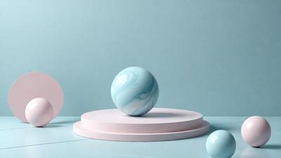 The primary subject of the image is a group of three blue and white balls placed on a pink surface. The setting is a table with a blue background. The visual style is a photo, and the colors and mood are predominantly blue and white, giving the scene a calm and serene atmosphere.