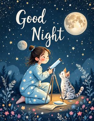 The primary subject of the image is a young girl sitting on the ground, looking up at the night sky. She is wearing a blue polka dot outfit and appears to be observing the stars. The setting is a nighttime outdoor environment, with the girl sitting on a wooden surface. The visual style is a digital art illustration, depicting a whimsical and imaginative scene. The colors and mood of the image are predominantly blue and serene, creating a sense of wonder and curiosity.