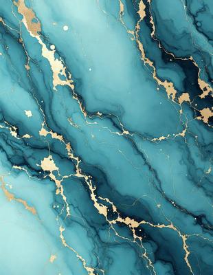 The primary subject of the image is a blue and gold marbled wallpaper. The setting is a room with a blue and gold marbled wallpapered wall. The visual style is a close-up of the wallpaper, showcasing the intricate design. The colors and mood of the image are predominantly blue and gold, creating a luxurious and elegant atmosphere.