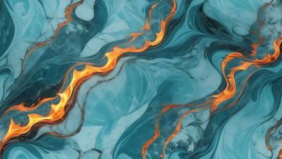 The primary subject of the image is a blue and orange swirling pattern, which appears to be a digital art or illustration. The setting is a blue marble surface, and the visual style is a combination of digital art and a natural stone texture. The dominant colors are blue and orange, creating a vibrant and dynamic atmosphere.