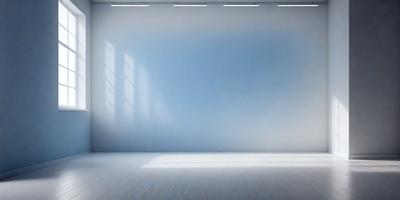 The primary subject of the image is a large white wall with a blue background. The setting is a room with a window, and the visual style is a photo. The colors and mood of the image are predominantly white and blue, creating a clean and serene atmosphere.