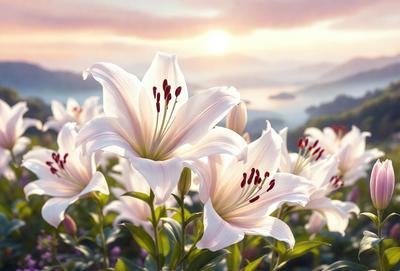 Primary subject: White flowers
Setting/background: A field with a mountain in the background
Visual style: Photo
Colors and mood: The flowers are white, and the overall atmosphere is serene and peaceful.