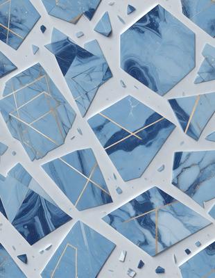 The primary subject of the image is a blue marble tile with a gold pattern on it. The setting is a white marble surface, and the visual style is a close-up of the tile. The dominant colors are blue and gold, creating a luxurious and elegant atmosphere.