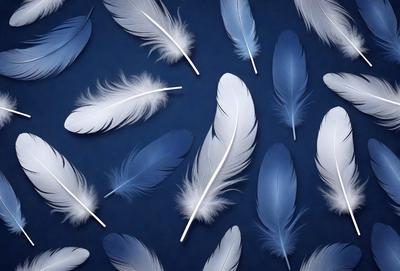 The primary subject of the image is a collection of white feathers. The feathers are arranged in a visually appealing manner, creating a sense of harmony and balance. The setting is a blue background, which complements the white feathers and adds a touch of elegance to the scene. The visual style of the image is a combination of photo and digital art, resulting in a high-quality and detailed representation of the feathers. The colors and mood of the image are predominantly white and blue, evoking a sense