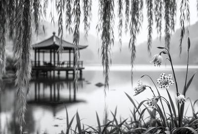 Primary subject: A flower with a long stem.

Setting/background: A body of water, possibly a lake, with a pier and a pavilion nearby.

Visual style: A black and white photo.

Colors and mood: The image is in black and white, giving it a classic and timeless feel. The flower stands out against the backdrop of the water, creating a sense of serenity and beauty.