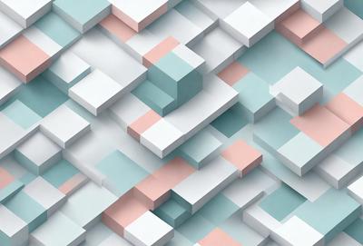 The primary subject of the image is a pattern made up of various colored squares, including blue, pink, and white. The setting is a white background, which contrasts with the colored squares. The visual style is a combination of digital art and illustration, creating a unique and eye-catching design. The colors and mood of the image are vibrant and lively, with the blue, pink, and white squares creating a sense of harmony and balance.
