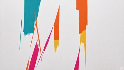 The primary subject of the image is a painting or drawing featuring a colorful design. The setting is a white background, which contrasts with the vibrant colors of the artwork. The visual style appears to be a mix of digital art and traditional painting, as the colors and patterns are both intricate and visually appealing. The dominant colors in the image are orange, yellow, and pink, creating a lively and energetic atmosphere.