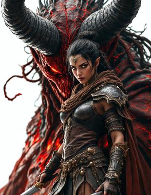 The primary subject of the image is a woman dressed in a medieval-style outfit, standing in front of a large, demonic-looking creature. The setting appears to be a fantasy or mythical world, with the woman and the creature as the main focus. The visual style of the image is a combination of photo and digital art, creating a unique and captivating scene. The colors and mood of the image are dark and dramatic, with the woman's outfit and the demonic creature adding to the overall atmosphere