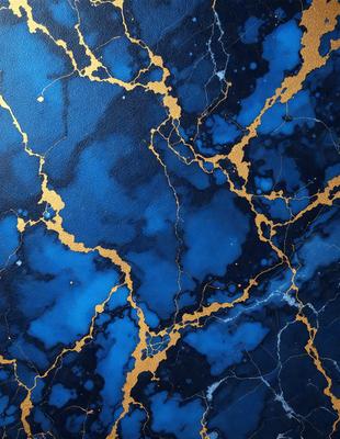 The primary subject of the image is a blue and gold marbled wall. The setting is a room with a blue and gold marbled wall, which serves as the background. The visual style is a combination of a photo and digital art, creating a unique and intricate pattern. The dominant colors are blue and gold, giving the wall a luxurious and elegant appearance.