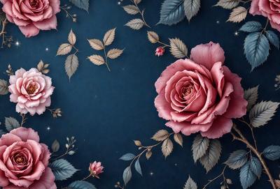The primary subject of the image is a pink rose, which is the focal point of the scene. The rose is surrounded by a blue background, which adds a contrasting color to the image. The visual style of the image is a combination of photo and digital art, creating a realistic yet artistic representation of the rose. The colors in the image are predominantly pink and blue, giving the image a warm and serene atmosphere.