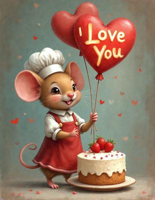 The primary subject of the image is a mouse, dressed as a chef, holding a heart-shaped balloon and standing next to a cake. The mouse is wearing an apron and a chef's hat, and it appears to be the main focus of the scene. The setting is a kitchen, with a dining table visible in the background. The visual style is a combination of digital art and illustration, creating a whimsical and playful atmosphere. The colors are predominantly red and white, with the