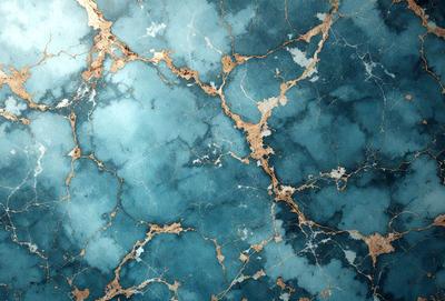 The primary subject of the image is a blue marble wall with a gold-like texture. The setting is a room with a blue-green marble wall, which serves as the background. The visual style is a close-up of the marble wall, showcasing its unique texture and color. The dominant colors are blue and gold, creating a luxurious and elegant atmosphere.