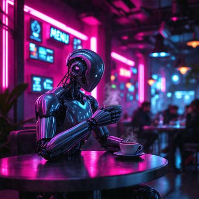 The primary subject of the image is a robot sitting at a table in a restaurant. The robot is holding a cup of coffee, and there is a potted plant nearby. The setting is a restaurant with a dining table and chairs. The visual style is a combination of photo and digital art, creating a futuristic and surreal atmosphere. The dominant colors are pink and purple, which contribute to the overall mood of the scene.