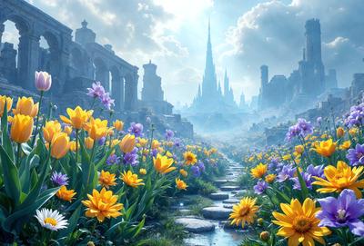 The primary subject of the image is a beautiful garden filled with yellow and purple flowers. The setting is a picturesque landscape with a castle in the background, creating a serene and enchanting atmosphere. The visual style of the image is a digital art, showcasing the artist's creativity and attention to detail. The dominant colors of the scene are yellow and purple, which evoke feelings of warmth, happiness, and tranquility.