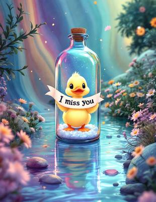 The primary subject of the image is a duck, which is depicted in a cute and whimsical manner. The duck is sitting inside a small, colorful glass bottle, which is placed on a table. The setting includes a pond and a field of flowers, creating a serene and picturesque environment. The visual style of the image is a combination of digital art and illustration, giving it a unique and creative appearance. The colors and mood of the image are predominantly warm and inviting,