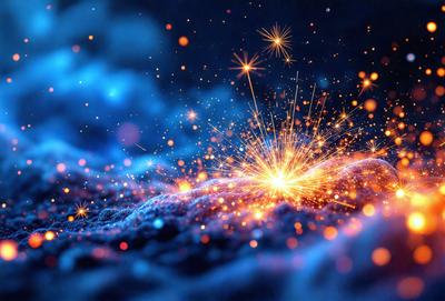 The primary subject of the image is a brightly colored, sparkling explosion of fireworks. The setting is a dark, starry sky, which provides a contrasting backdrop for the vibrant display. The visual style is a combination of photo and digital art, creating a dynamic and eye-catching scene. The colors and mood are energetic and lively, with the fireworks' bright hues and the night sky's starry glow creating a sense of excitement and wonder.