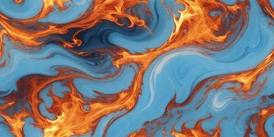 The primary subject of the image is a blue and orange swirling pattern, which appears to be a digital art or illustration. The setting is a blue background, and the visual style suggests that it is a digital artwork or a painting. The dominant colors in the image are blue and orange, creating a vibrant and dynamic atmosphere.