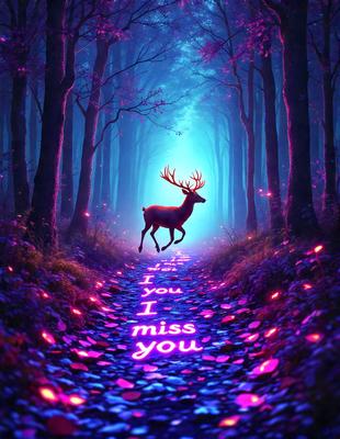 The primary subject of the image is a deer walking down a path in a forest. The setting is a forest with trees and a path. The visual style is digital art, as the deer is depicted with a glowing outline. The colors and mood are predominantly purple, creating a serene and magical atmosphere.