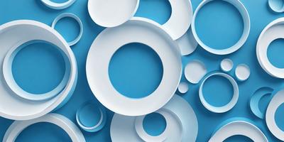 The primary subject of the image is a blue plate with a white circle in the center. The plate is surrounded by other white plates, creating a visually appealing pattern. The setting is a blue background, which adds to the overall mood of the image. The visual style is a combination of photo and digital art, resulting in a unique and eye-catching design.