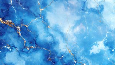 The primary subject of the image is a blue marble wall with gold accents. The setting is a room with a blue marble wall, and the visual style is a combination of photo and digital art. The dominant colors are blue and gold, creating a serene and elegant atmosphere.