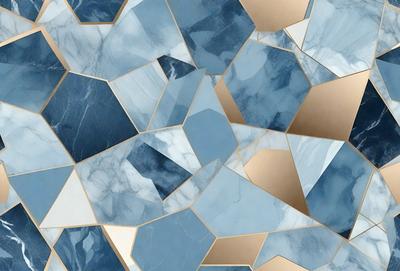 The primary subject of the image is a blue and white marble tile pattern. The setting is a blue and white marble tile wall, which serves as the background. The visual style is a combination of digital art and illustration, creating a unique and intricate design. The dominant colors are blue and white, giving the image a clean and elegant appearance.