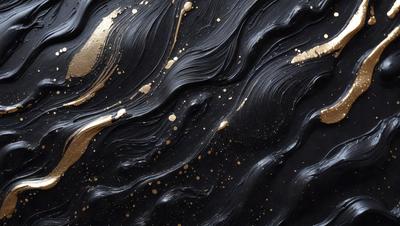 The primary subject of the image is a black background with gold and black paint dripping on it, creating a visually striking scene. The setting appears to be a black surface, possibly a wall or a piece of artwork. The visual style of the image is a combination of digital art and illustration, with the gold and black dripping paint giving it a unique and artistic appearance. The colors and mood of the image are predominantly dark and dramatic, with the gold and black dripping paint adding a sense of depth and