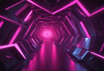 The primary subject of the image is a long, narrow tunnel with a pink lighting effect. The tunnel appears to be made of metal and has a futuristic, artistic design. The setting is a dark, enclosed space with a bright pink light illuminating the tunnel. The visual style of the image is a combination of digital art and illustration, creating a unique and captivating atmosphere. The dominant colors in the image are pink and black, giving the scene a futuristic and mysterious mood.